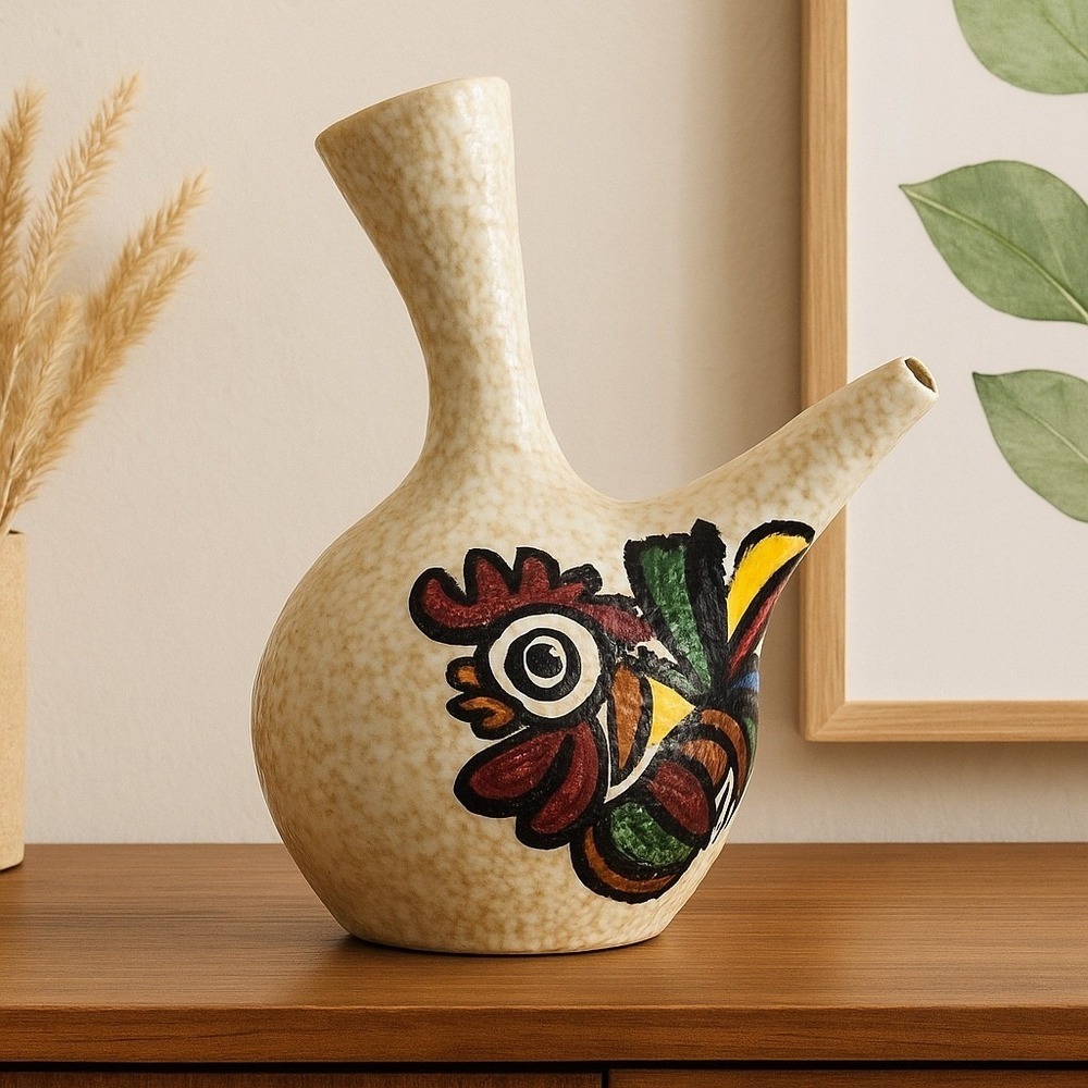 Mid Century Modern Italian Pottery Vase Rooster Motif Textured Glaze Handmade
